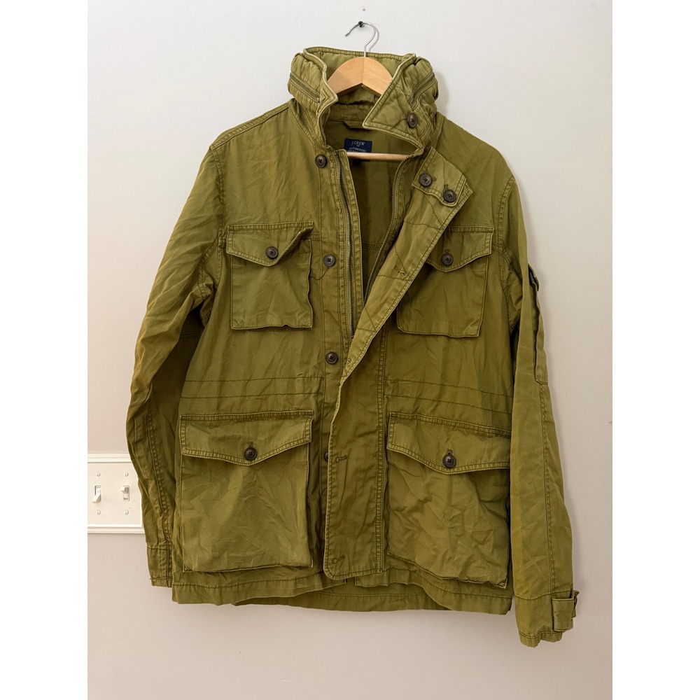 J.Crew men's Field Jacket Medium Olive Green Military Utility C8498 stow hood